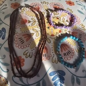 3-Piece Bohemian Jewelry LOT / BUNDLE Wood, Faux Turquoise & Purple Stone
